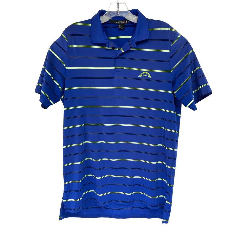 RLX Ralph Lauren Mens Sz Medium BlueW/Yellow Striped Golf Polo Shirt (X26) EUC